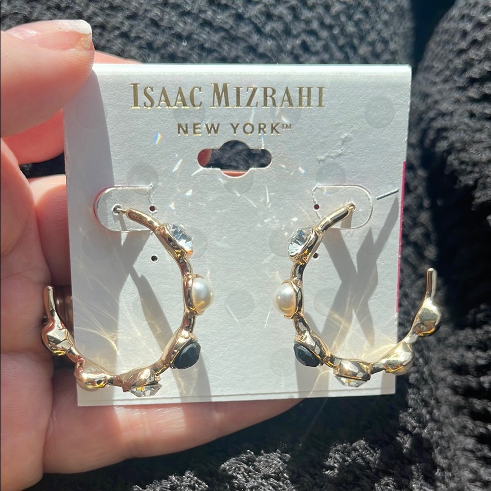 Isaac Mizrahi Gold Hoop Earrings pearl rhinestone, and black faceted detail nwt